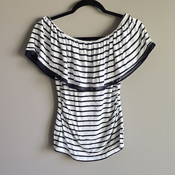 White House Black Market Tops - WHBM Blue & White Striped Two Tone Classy Dressy Ruffle Off the Shoulder Blouse 